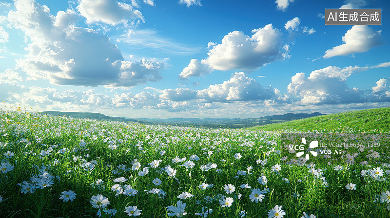 【AI数字艺术】蓝天白云下高原草原上盛开的鲜花图片素材