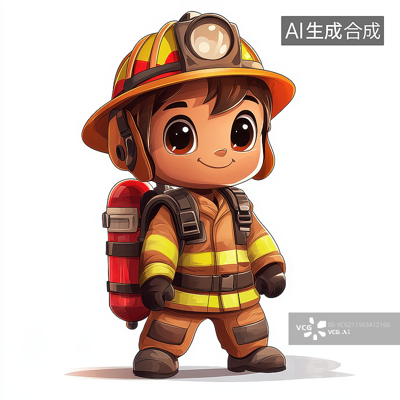 【AI数字艺术】白色背景下的卡通消防员形象图片素材