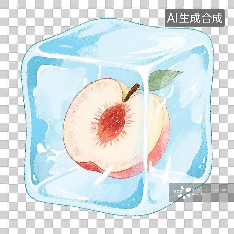 【AI数字艺术】手绘插画，冰块里的桃子，白桃，水蜜桃，蓝色冰块，水果，水果茶，夏天免抠元素图片素材