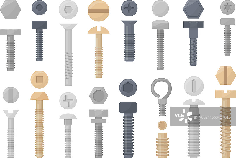 扁平螺栓和螺丝的卡通螺丝和钉子图片素材