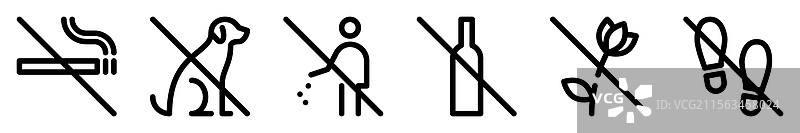 禁止吸烟、狗、垃圾、酒精的线条图标图片素材