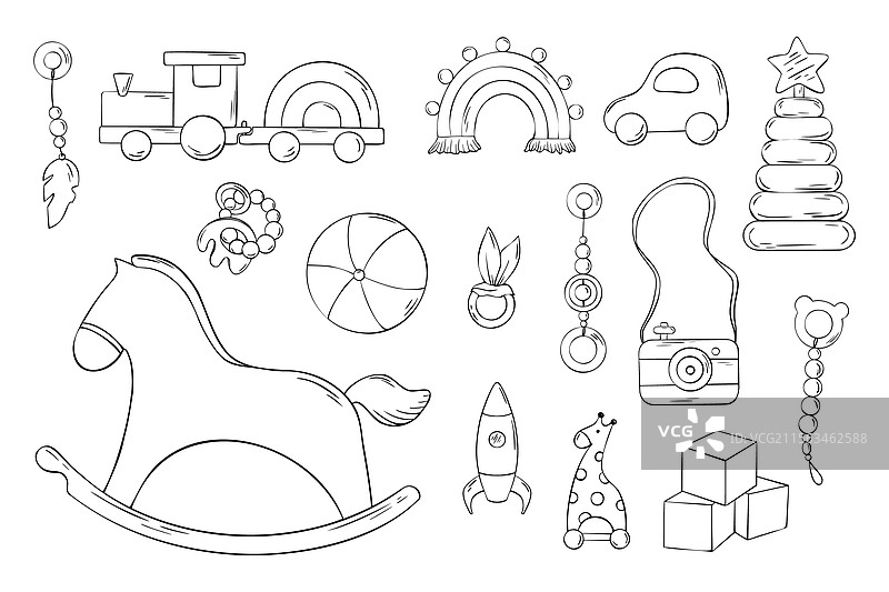 一组大型婴儿木制玩具的轮廓素描图片素材