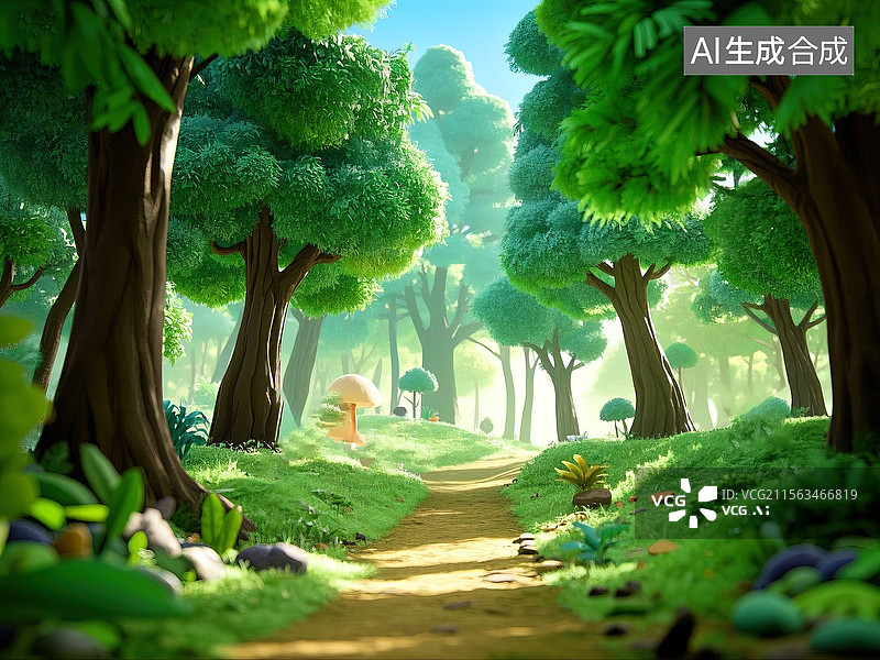 【AI数字艺术】3D绿色极简主义毛绒草坡小径图片素材