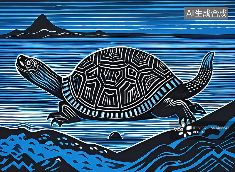 【AI数字艺术】极简主义色彩鲜亮的山海经玄武版画图片素材