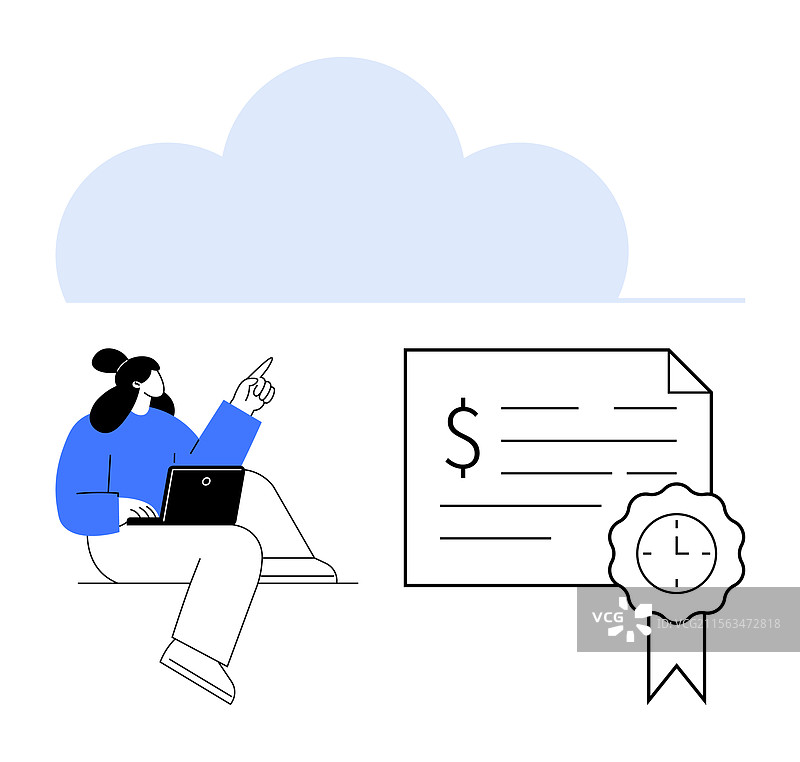 一个使用笔记本电脑的人指向附近的云存储图片素材