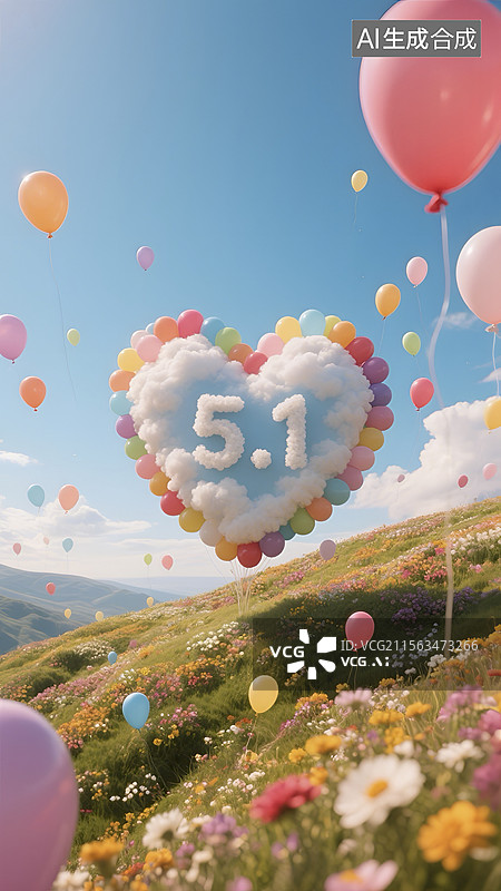 【AI数字艺术】五一劳动节山坡上的心形气球图片素材
