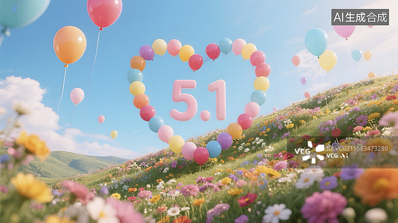 【AI数字艺术】五一劳动节山坡上的心形气球图片素材