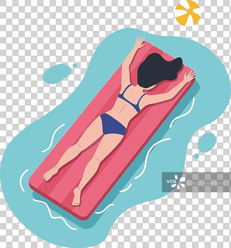 一位女性在清澈的水中放松，躺在粉色的浮筒上图片素材