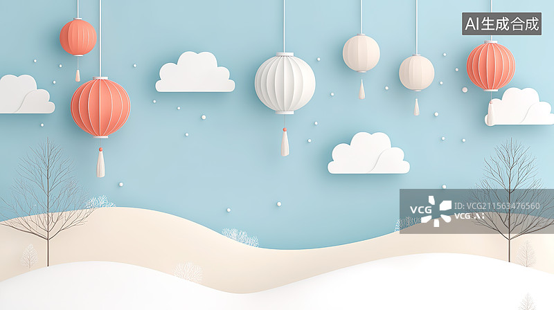 【AI数字艺术】淡雅清新风格春节主题冬天风景插画图片素材