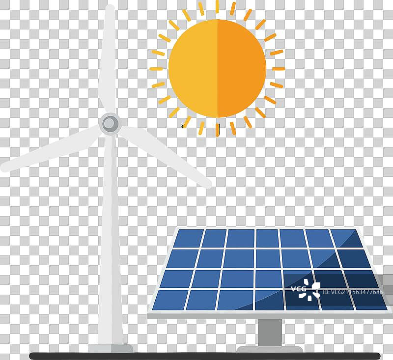 阳光明媚下的风力发电机和太阳能电池板图片素材
