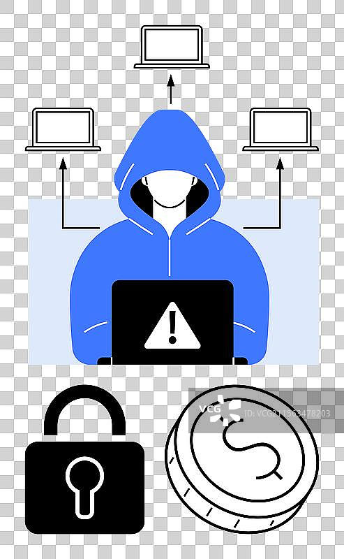 带兜帽的黑客在笔记本电脑上发出警告警报图片素材