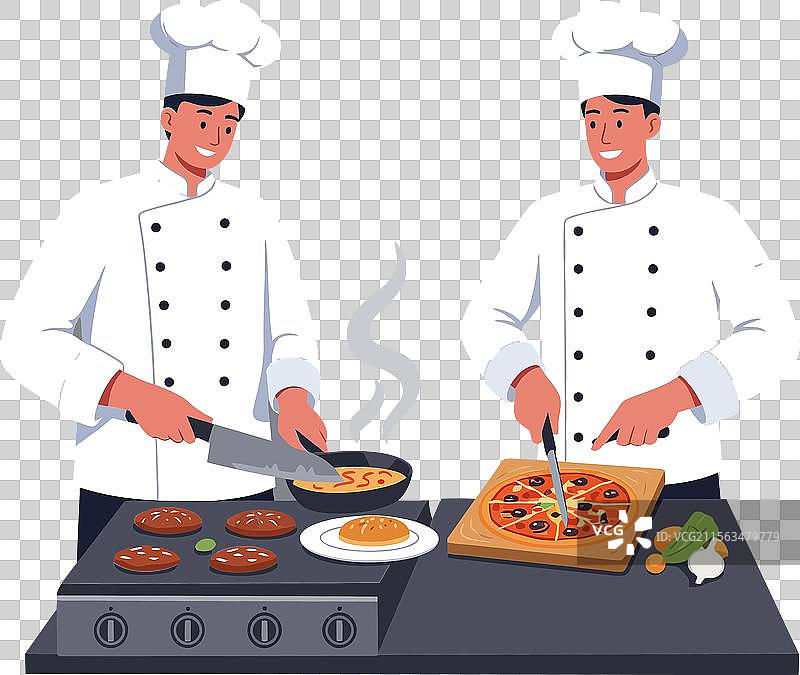 两位穿着白色制服的快乐厨师正在准备食物图片素材