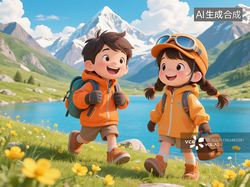 【AI数字艺术】卡通人物的户外探险之旅图片素材