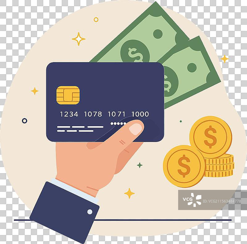 手握信用卡，旁边有现金和硬币图片素材
