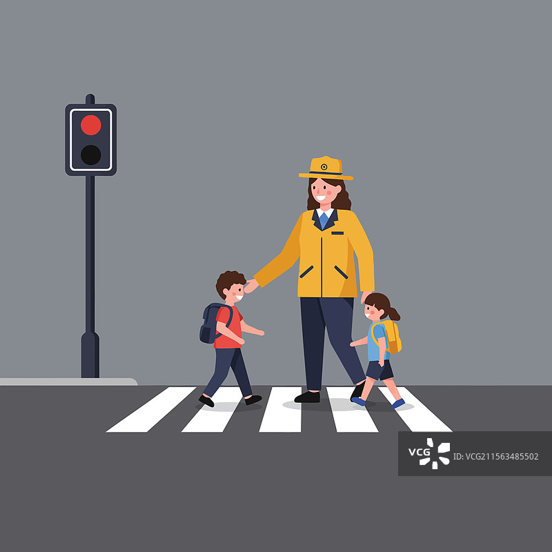 平面风格的交通警卫协助儿童过马路图片素材