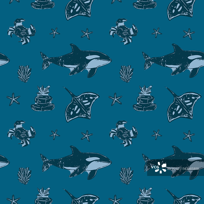 复古的虎鲸、黄貂鱼和螃蟹在深蓝色背景上图片素材
