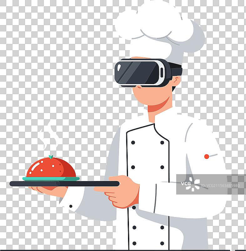 戴着虚拟现实头盔的厨师在上菜图片素材