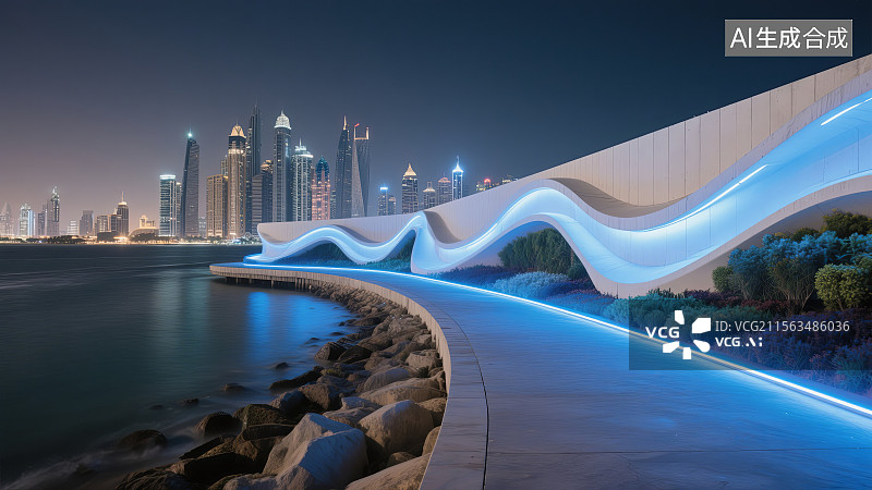 【AI数字艺术】夜幕下的滨海未来城市步道图片素材