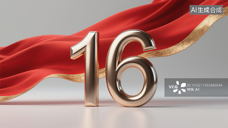 【AI数字艺术】金色数字16与红色丝带背景图片素材