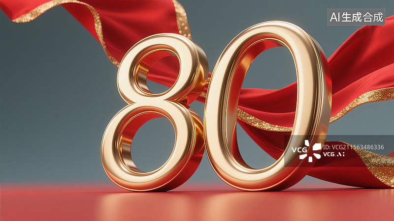 【AI数字艺术】金色数字80与红色丝带背景图片素材