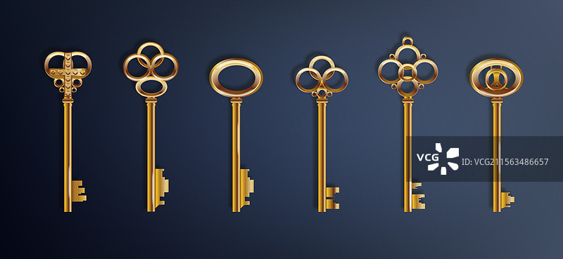 复古奢华的金色3D真实钥匙图片素材