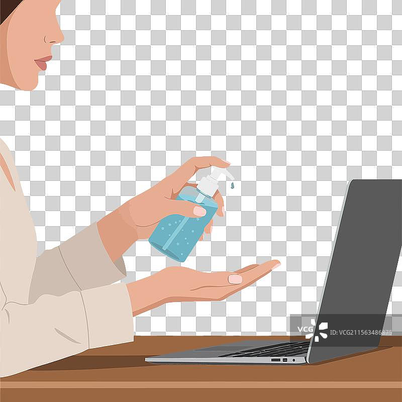 手动将消毒液涂抹在手掌上使用图片素材