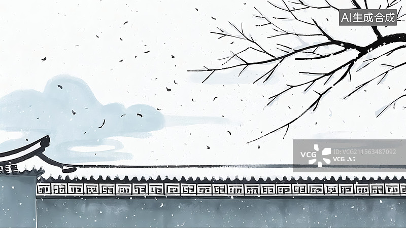 【AI数字艺术】中式雪景墙檐插画图片素材