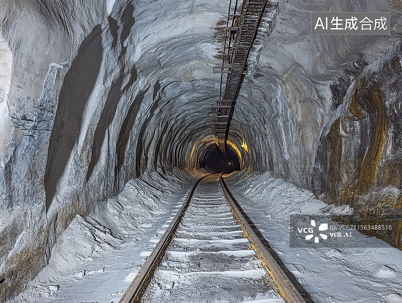 【AI数字艺术】岩石隧道中的铁轨图片素材