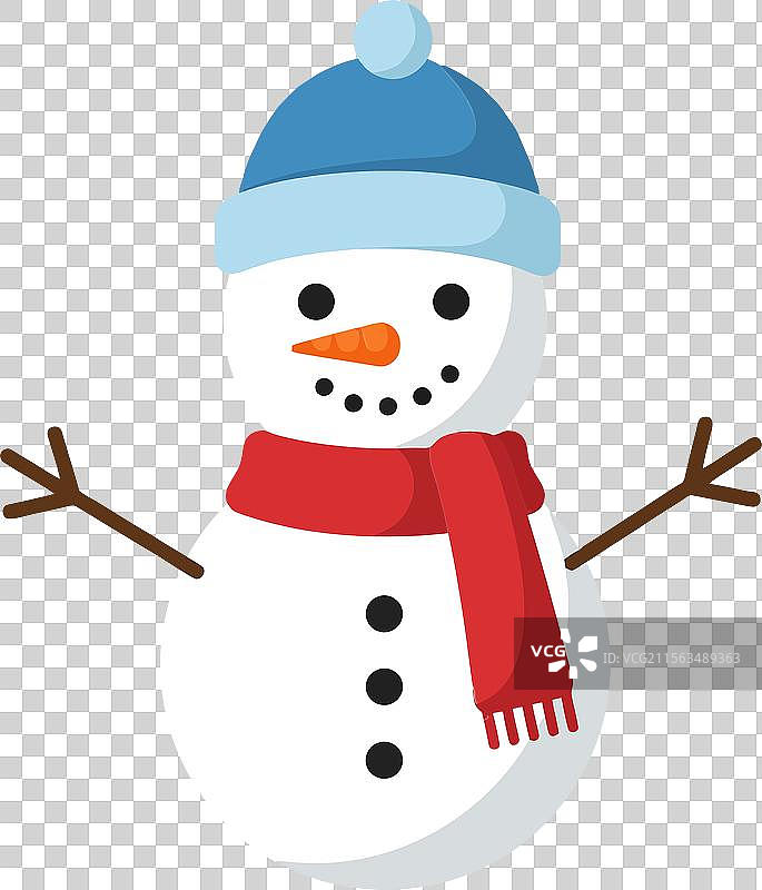 戴着蓝色帽子和红色围巾的雪人（平面图）图片素材