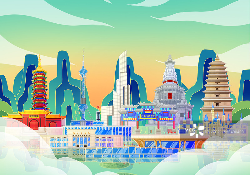 国潮风新中式绿色河北石家庄旅游景点建筑图片素材