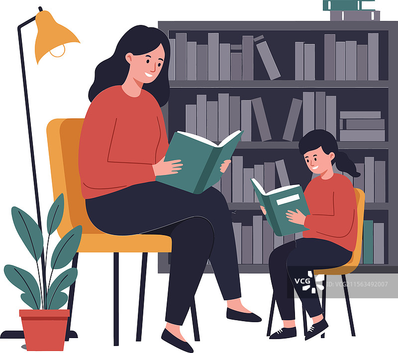 母亲和孩子在温馨的公寓里一起阅读的插画图片素材