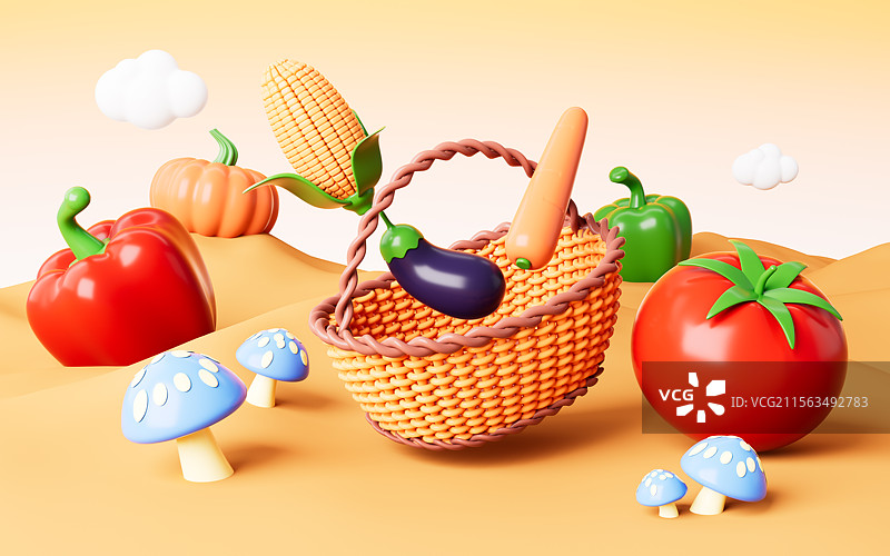 卡通菜篮子和蔬菜3D渲染图片素材