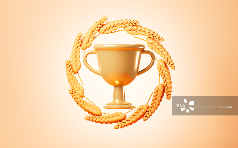 卡通金杯和花环麦穗背景3D渲染图片素材