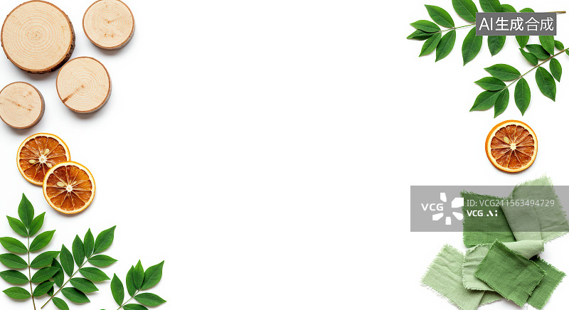 【AI数字艺术】自然元素的排列：木片、绿叶和干果图片素材