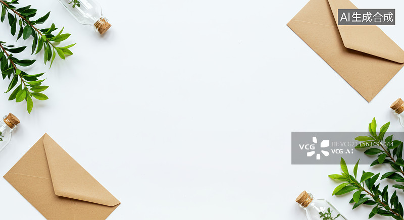 【AI数字艺术】信封与绿叶的静物布置图片素材