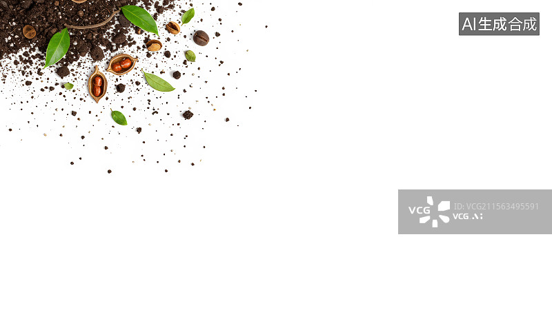 【AI数字艺术】咖啡豆与土壤和绿叶的组合图片素材