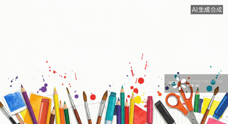 【AI数字艺术】彩色文具和颜料溅落图片素材