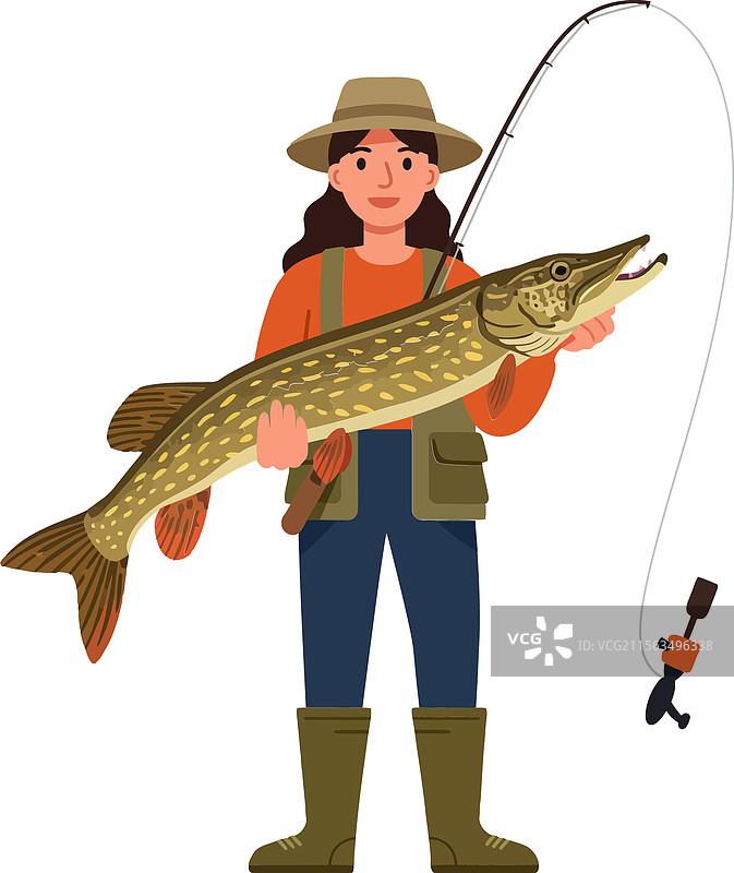 渔夫自豪地举着一条大梭鱼图片素材