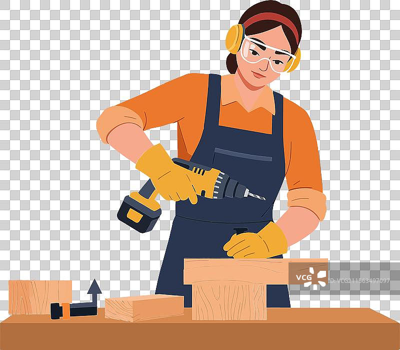 女性在工作坊中使用电钻，背景为平面艺术风格图片素材
