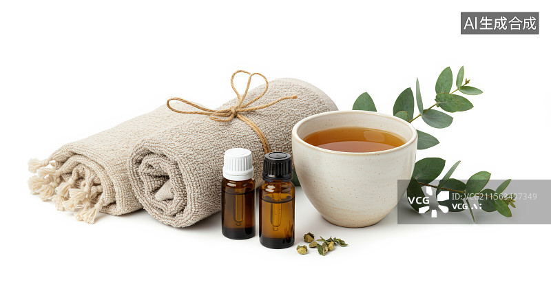 【AI数字艺术】精油、毛巾和茶杯的静物组合图片素材