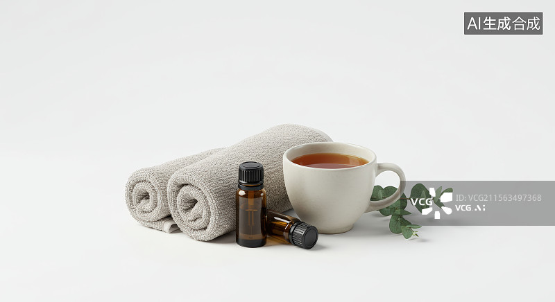 【AI数字艺术】茶杯、毛巾和精油瓶图片素材