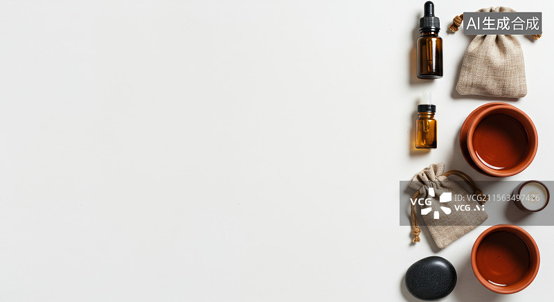 【AI数字艺术】精油瓶、布袋和陶罐的排列图片素材