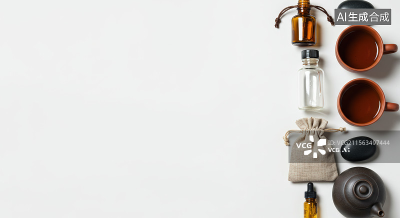 【AI数字艺术】茶具与精油瓶的排列图片素材