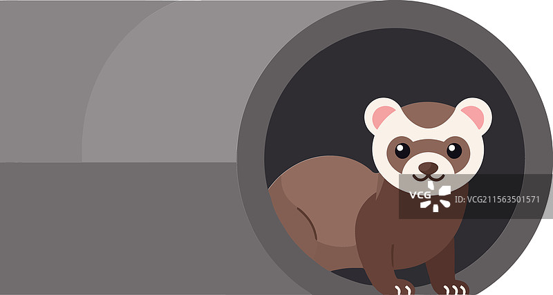 在平面艺术中，一只雪貂从灰色隧道中探出头来图片素材