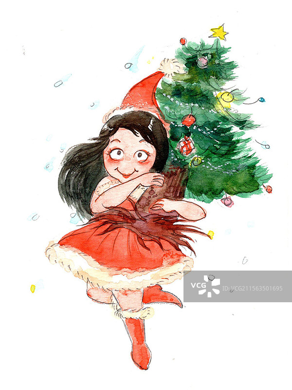 插画：水彩手绘清新圣诞节女孩扛着圣诞树图片素材