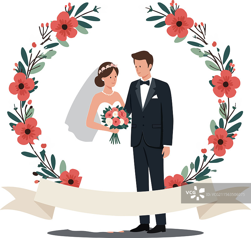 新娘和新郎站在花丛中图片素材