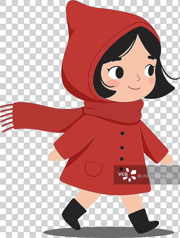 穿着红色外套、围着围巾的小女孩走路的平面艺术图片素材