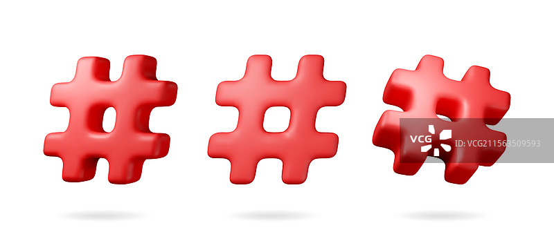 3D红色逼真的井号符号，孤立在白色背景上图片素材