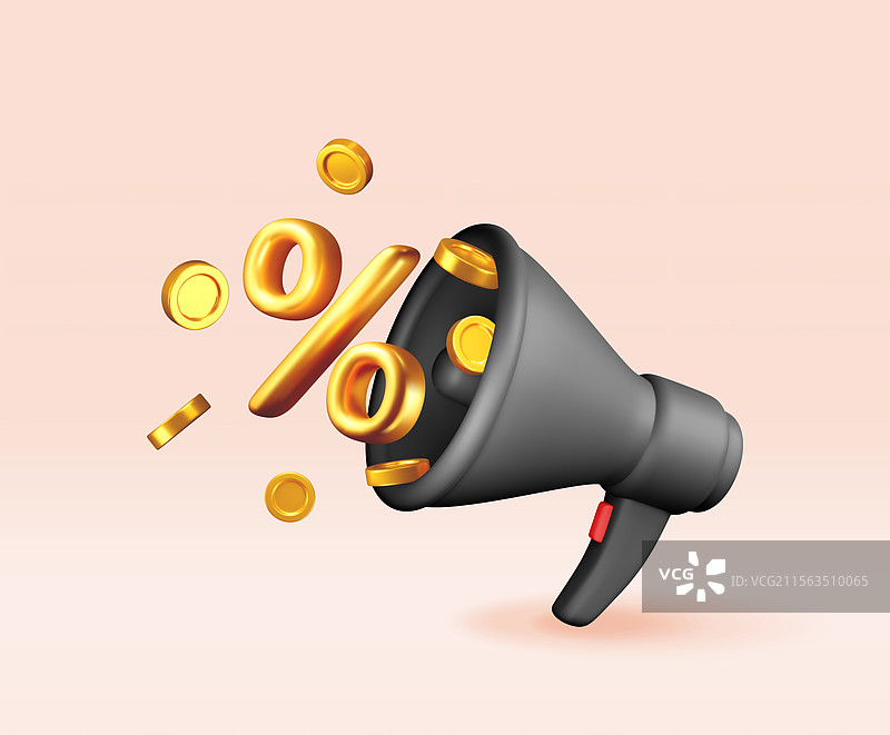 3D扬声器和硬币中的百分号符号图片素材