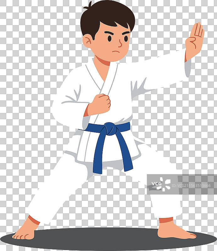 穿着白色道服的武术男孩在动作姿势中图片素材